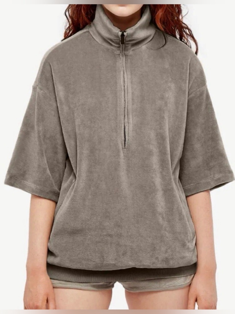 Essentials Fear of God Women’s Gray Short Sleeve 1/4 Zip Velour Sweater- XXL